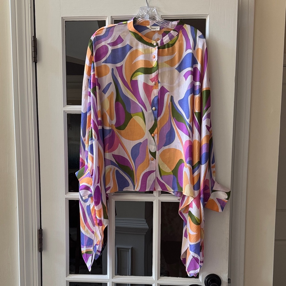 eesome Multicolor Abstract Print Long Sleeve Blouse - Purple, Orange, Green